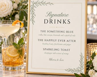 Custom Signature Drinks Sign, Botanical Line Art Wedding Bar Sign, Minimalist Cocktail Menu, Printable 8x10 Digital File