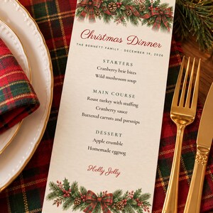 Custom Christmas Dinner Menu, Holly Jolly Tartan Menu Card, Tartan Bow and Holly Place Setting Menu, Printable 4x9 Digital File