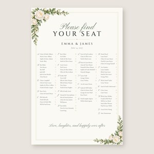 Custom Seating Chart Sign, Alphabetical Wedding Seating Chart, White Rose Find Your Seat Sign, Printable 24x36 Digital File image 2