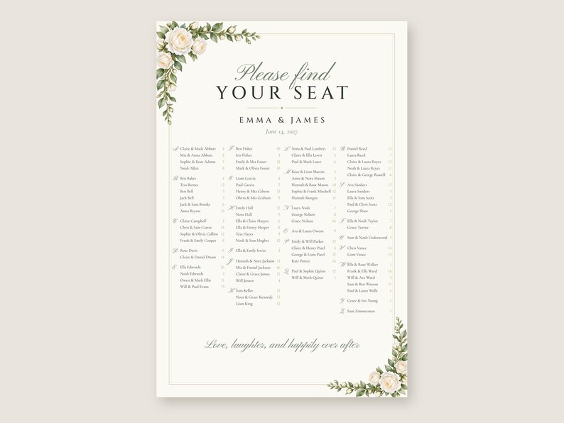 Custom Seating Chart Sign, Alphabetical Wedding Seating Chart, White Rose Find Your Seat Sign, Printable 24x36 Digital File image 2