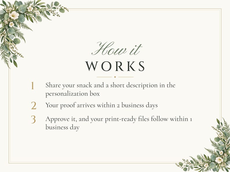 Custom Late Night Snack Sign, Greenery Wedding Food Label, Eucalyptus Snack Tag, Printable 5x3.5 Digital File image 4