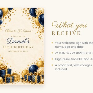 Custom Birthday Welcome Sign, Cheers to 50 Years Sign, Navy and Gold Balloon Birthday Decor, Printable 24x36 Digital File image 5