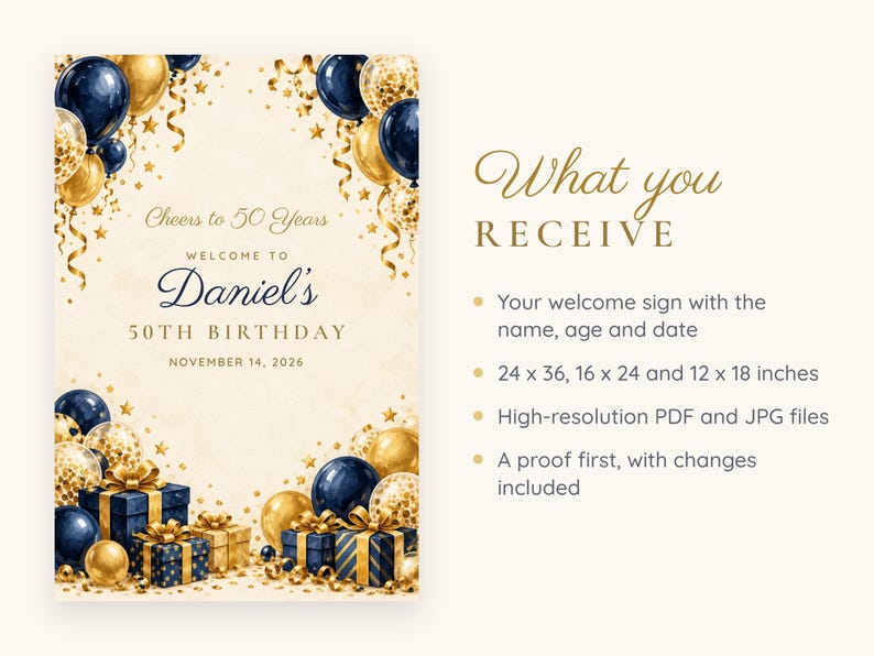 Custom Birthday Welcome Sign, Cheers to 50 Years Sign, Navy and Gold Balloon Birthday Decor, Printable 24x36 Digital File image 5