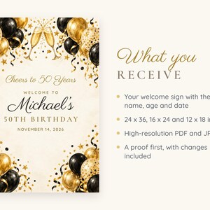 Custom Birthday Welcome Sign, Cheers to 50 Years Sign, Black and Gold Balloon Birthday Decor, Printable 24x36 Digital File image 5