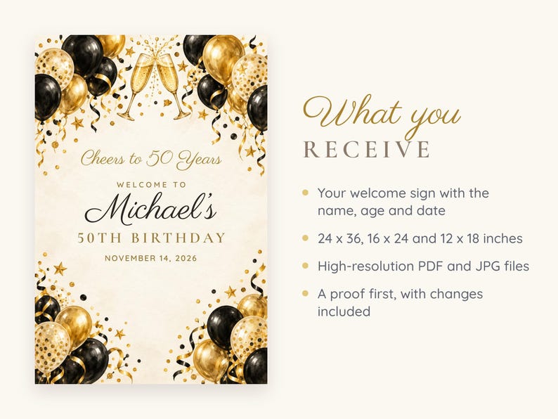 Custom Birthday Welcome Sign, Cheers to 50 Years Sign, Black and Gold Balloon Birthday Decor, Printable 24x36 Digital File image 5
