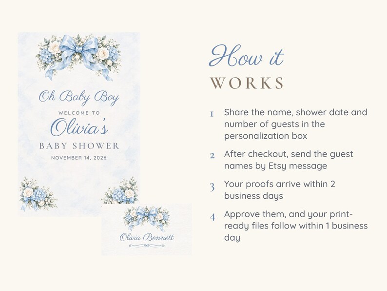 May include: A baby shower sign and name card set featuring light blue bows, white and blue flowers, and the text: Oh Baby Boy WELCOME TO Olivia's BABY SHOWER NOVEMBER 14, 2026. The right side lists instructions titled How it WORKS with four steps.