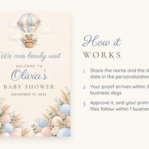 Puede incluir: Un cartel de invitaci&oacute;n para baby shower con un osito de peluche en acuarela en un globo aerost&aacute;tico azul y rosa. El texto dice: We can bearly wait, WELCOME TO Olivia's BABY SHOWER, NOVEMBER 14, 2026. A la derecha se detalla How it WORKS.