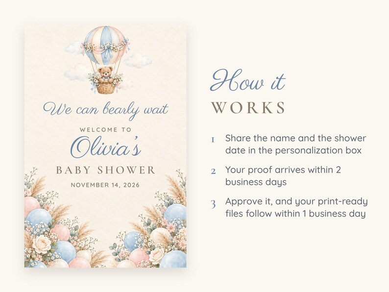 Puede incluir: Un cartel de invitaci&oacute;n para baby shower con un osito de peluche en acuarela en un globo aerost&aacute;tico azul y rosa. El texto dice: We can bearly wait, WELCOME TO Olivia's BABY SHOWER, NOVEMBER 14, 2026. A la derecha se detalla How it WORKS.