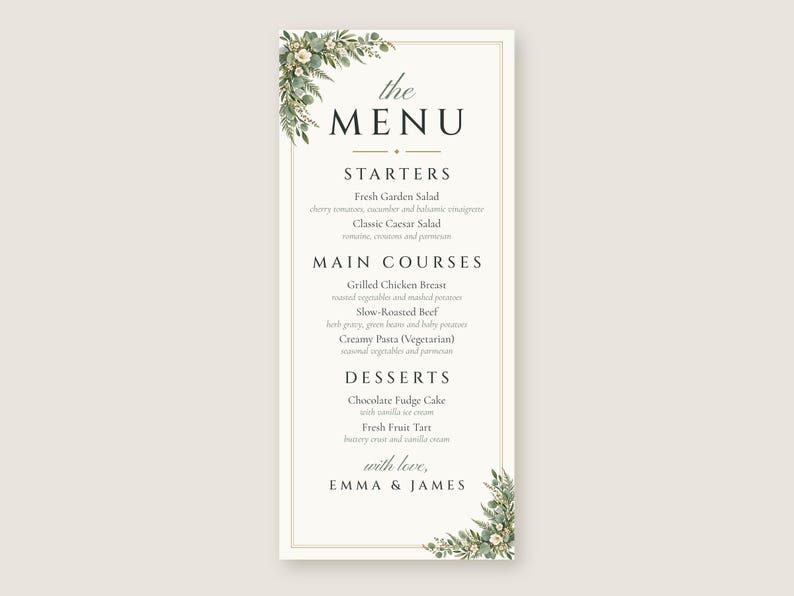 Custom Wedding Dinner Menu, Greenery Reception Menu Card, Eucalyptus Place Setting Menu, Printable 4x9 Digital File image 2