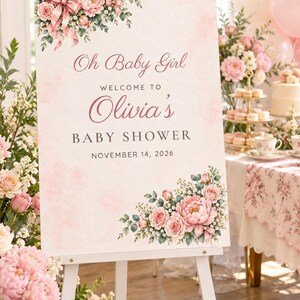 Baby Shower Welcome Sign and Name Tents Set, Oh Baby Girl Pink Bow, Floral Corner Shower Decor, Custom Printable Digital Files image 2