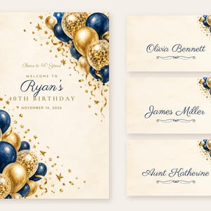 Birthday Welcome Sign and Name Tents Set, Cheers to 40 Years, Navy and Gold Balloons Birthday Decor, Custom Printable Digital Files image 1