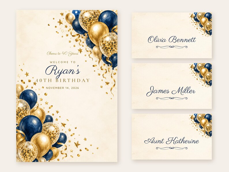 Birthday Welcome Sign and Name Tents Set, Cheers to 40 Years, Navy and Gold Balloons Birthday Decor, Custom Printable Digital Files image 1