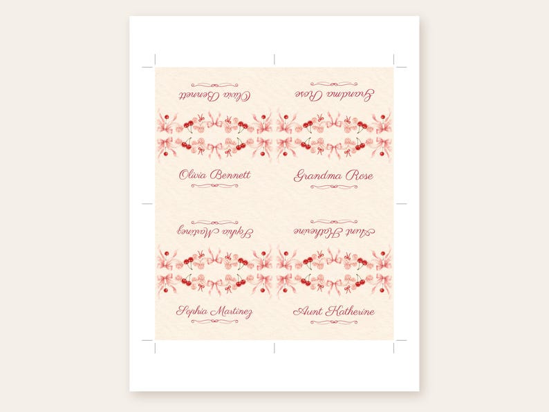 Birthday Name Tents, Pink Bow and Cherry Place Cards, Vintage Cake Birthday Dinner Table Decor, Custom Printable Digital File image 3