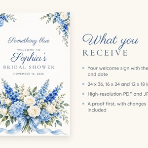 Custom Bridal Shower Welcome Sign, Something Blue Floral Sign, Blue Bouquet Bridal Shower Decor, Printable 24x36 Digital File image 5