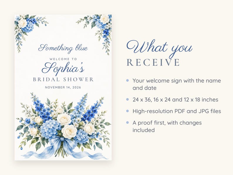 Custom Bridal Shower Welcome Sign, Something Blue Floral Sign, Blue Bouquet Bridal Shower Decor, Printable 24x36 Digital File image 5