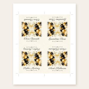 Tarjetas de cumpleaños con nombres, tarjetas de lugar con globos negros y dorados, decoración de mesa para cena de cumpleaños con el tema "¡Salud!", archivo digital imprimible personalizado. imagen 3