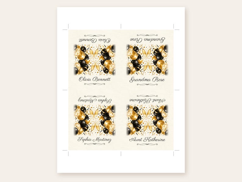 Tarjetas de cumpleaños con nombres, tarjetas de lugar con globos negros y dorados, decoración de mesa para cena de cumpleaños con el tema "¡Salud!", archivo digital imprimible personalizado. imagen 3