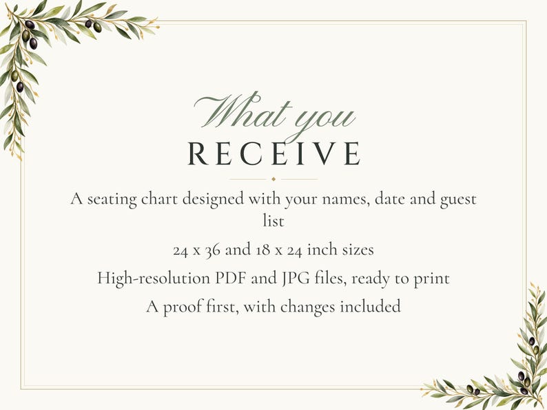 Custom Seating Chart Sign, Alphabetical Wedding Seating Chart, Olive Branch Find Your Seat Sign, Printable 24x36 Digital File image 5