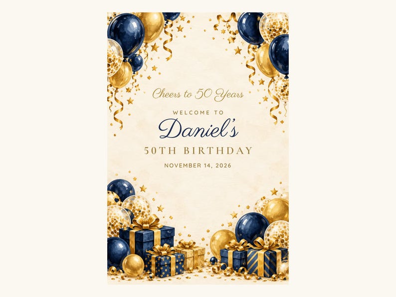 Custom Birthday Welcome Sign, Cheers to 50 Years Sign, Navy and Gold Balloon Birthday Decor, Printable 24x36 Digital File image 2