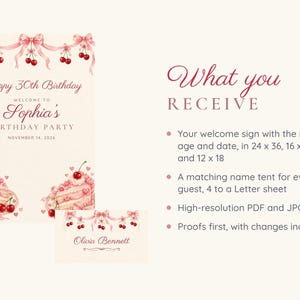 Birthday Welcome Sign and Name Tents Set, Happy 30th Birthday, Cherry and Bow Birthday Decor, Custom Printable Digital Files image 5