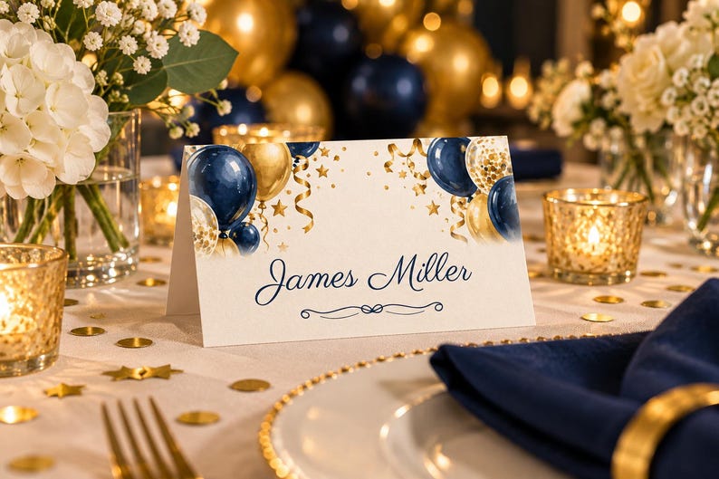 Tarjetas de cumpleaños con nombres, tarjetas de lugar con globos azul marino y dorado, decoración de mesa para cena de cumpleaños con el tema "¡Salud!", archivo digital imprimible personalizado. imagen 1