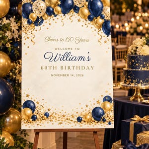 Birthday Welcome Sign and Name Tents Set, Cheers to 60 Years, Navy and Gold Balloon Arch Birthday Decor, Custom Printable Digital Files image 2