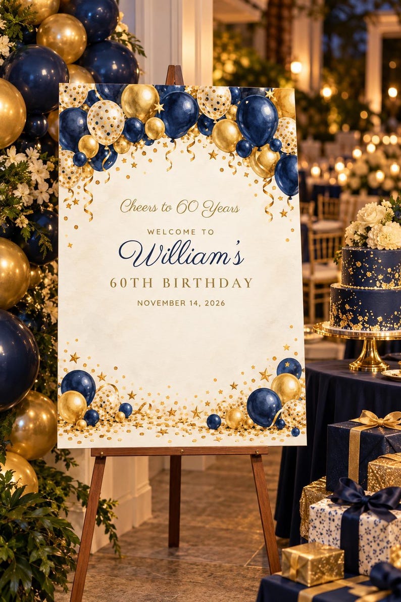 Birthday Welcome Sign and Name Tents Set, Cheers to 60 Years, Navy and Gold Balloon Arch Birthday Decor, Custom Printable Digital Files image 2