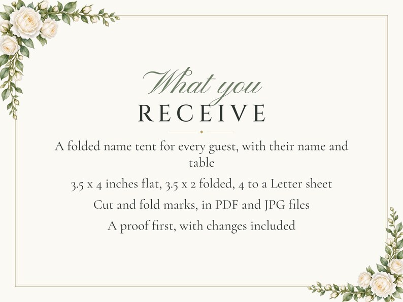 Custom Wedding Name Tents, White Rose Place Cards with Table Numbers, Garden Rose Escort Cards, Printable Digital File image 5