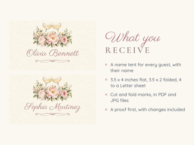 Bridal Shower Name Tents, From Miss to Mrs Place Cards, Champagne Toast Luncheon Table Decor, Custom Printable Digital File image 5