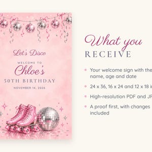 Custom Birthday Welcome Sign, Let's Disco Sign, Disco and Roller Skates Birthday Decor, Printable 24x36 Digital File image 5