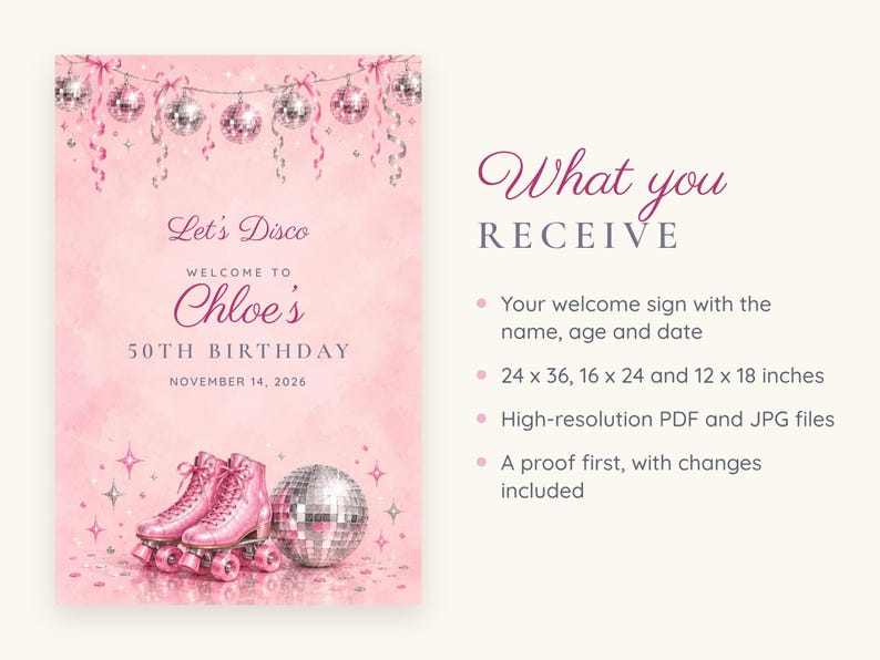 Custom Birthday Welcome Sign, Let's Disco Sign, Disco and Roller Skates Birthday Decor, Printable 24x36 Digital File image 5