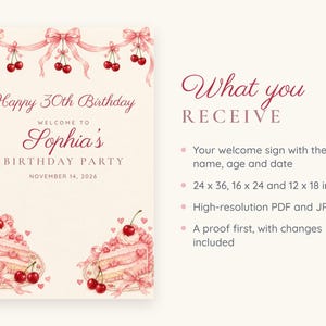 Custom Birthday Welcome Sign, Happy 30th Birthday Sign, Cherry and Bow Birthday Decor, Printable 24x36 Digital File image 5