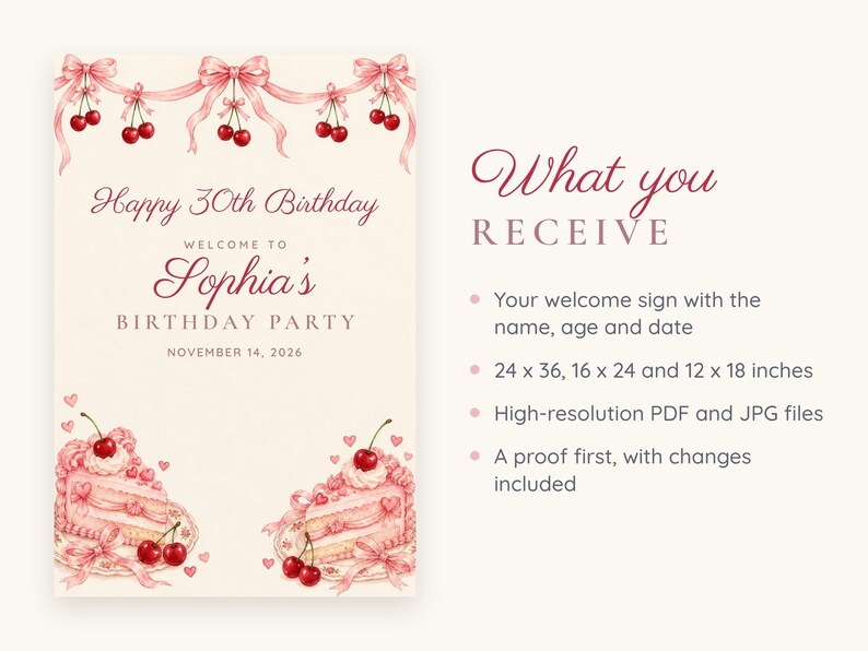 Custom Birthday Welcome Sign, Happy 30th Birthday Sign, Cherry and Bow Birthday Decor, Printable 24x36 Digital File image 5