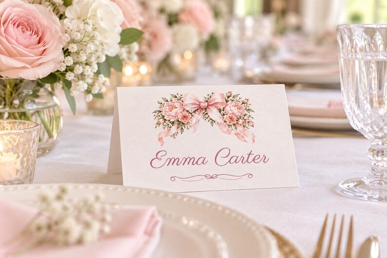 K&ouml;nnte beinhalten: Eine wei&szlig;e, gefaltete Tischkarte mit einer Aquarellillustration aus rosa Pfingstrosen und einer passenden Schleife oben. Der Name Emma Carter ist mittig in einer dunkelrosa Schreibschrift gedruckt, mit einer dekorativen Linie darunter.