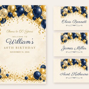 Birthday Welcome Sign and Name Tents Set, Cheers to 60 Years, Navy and Gold Balloon Arch Birthday Decor, Custom Printable Digital Files image 1
