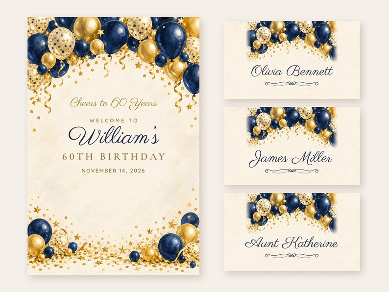 Birthday Welcome Sign and Name Tents Set, Cheers to 60 Years, Navy and Gold Balloon Arch Birthday Decor, Custom Printable Digital Files image 1