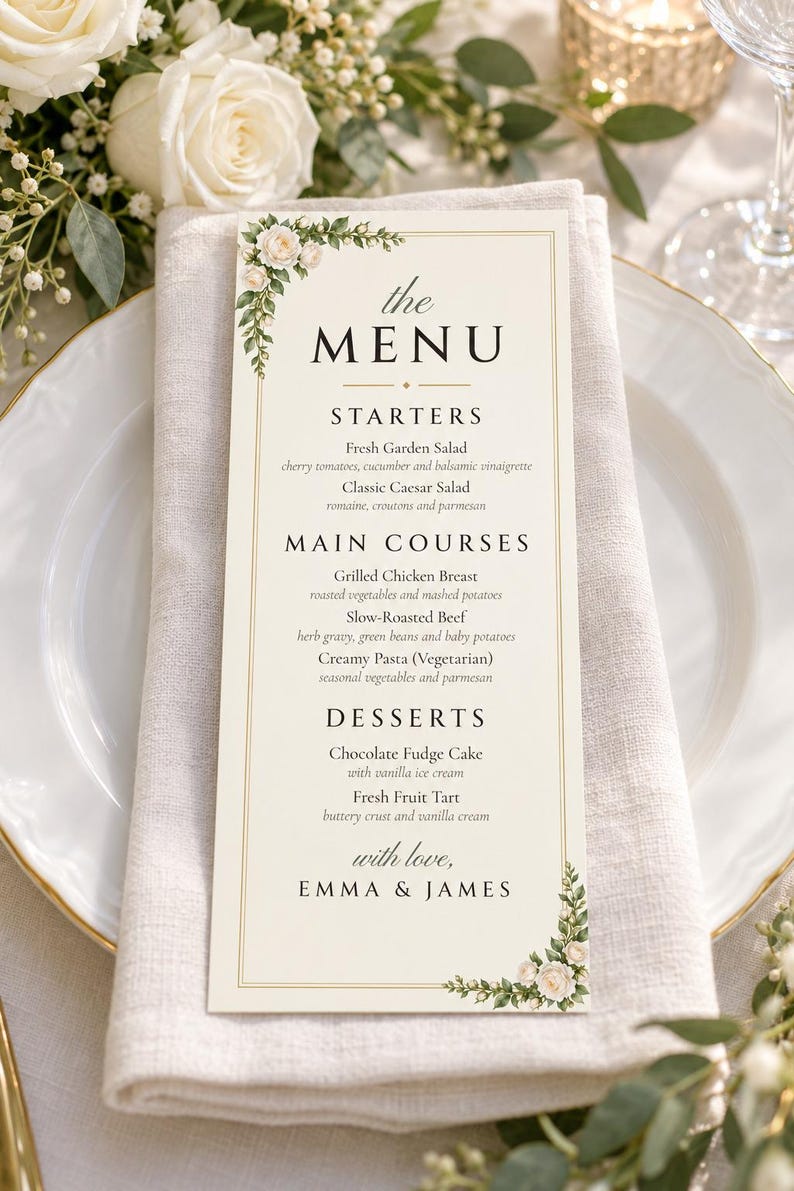 Custom Wedding Dinner Menu, White Rose Reception Menu Card, Garden Rose Place Setting Menu, Printable 4x9 Digital File image 1