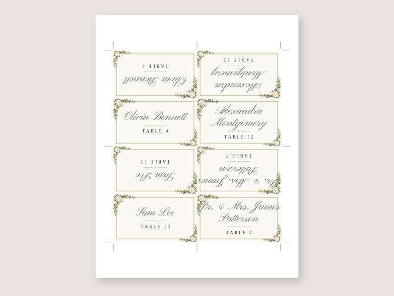Custom Wedding Name Tents, White Rose Place Cards with Table Numbers, Garden Rose Escort Cards, Printable Digital File image 3