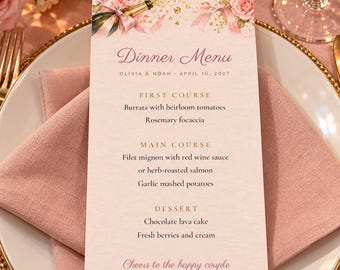 Menù personalizzato per la festa di fidanzamento, menù "Ha detto sì", menù con segnaposto a tema champagne e rosa cipria, file digitale stampabile in formato 4x9.