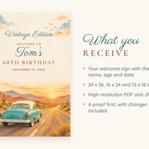 Letrero de bienvenida de cumpleaños personalizado, edición vintage, decoración de cumpleaños con diseño de coche retro, archivo digital imprimible de 24x36 pulgadas. imagen 5