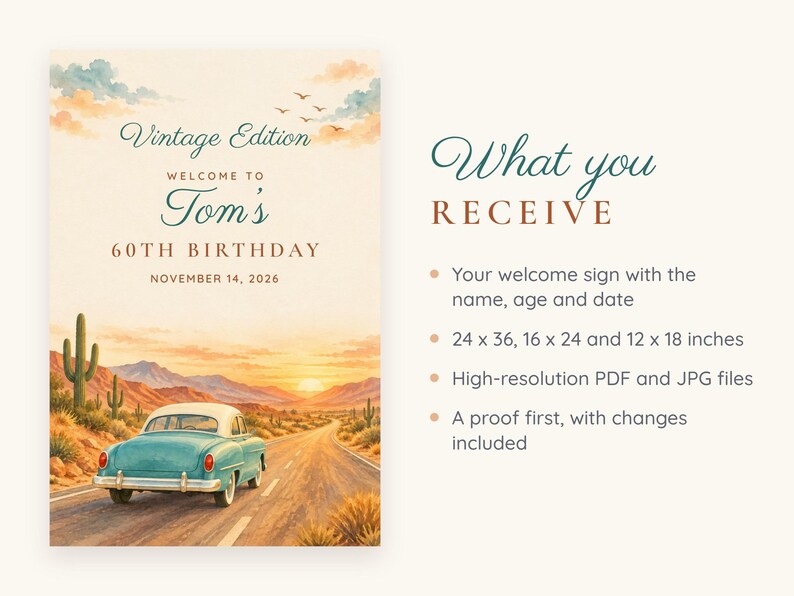 Letrero de bienvenida de cumpleaños personalizado, edición vintage, decoración de cumpleaños con diseño de coche retro, archivo digital imprimible de 24x36 pulgadas. imagen 5