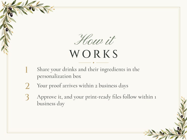 Custom Signature Drinks Sign, Olive Branch Wedding Bar Sign, Olive Leaf Cocktail Menu, Printable 8x10 Digital File image 4