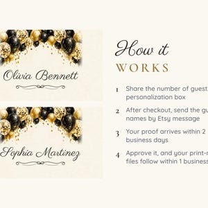 Birthday Name Tents, Black and Gold Balloon Arch Place Cards, Cheers Birthday Dinner Table Decor, Custom Printable Digital File image 4