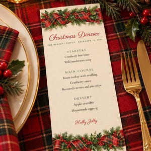 Custom Christmas Dinner Menu, Holly Jolly Tartan Menu Card, Tartan Ribbon and Evergreen Place Setting Menu, Printable 4x9 Digital File