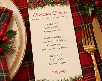 Custom Christmas Dinner Menu, Holly Jolly Tartan Menu Card, Tartan Ribbon and Evergreen Place Setting Menu, Printable 4x9 Digital File
