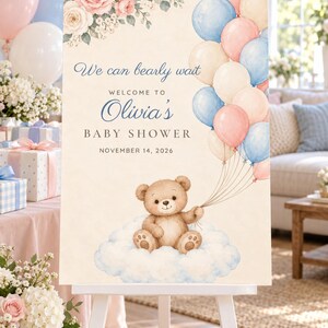 Custom Baby Shower Welcome Sign, We Can Bearly Wait Teddy Bear Sign, Bear on a Cloud Baby Shower Decor, Printable 24x36 Digital File