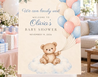 Custom Baby Shower Welcome Sign, We Can Bearly Wait Teddy Bear Sign, Bear on a Cloud Baby Shower Decor, Printable 24x36 Digital File