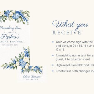Bridal Shower Welcome Sign and Name Tents Set, Something Blue, Blue Hydrangea Bridal Shower Decor, Custom Printable Digital Files image 5