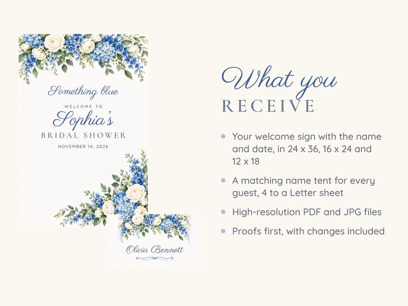Bridal Shower Welcome Sign and Name Tents Set, Something Blue, Blue Hydrangea Bridal Shower Decor, Custom Printable Digital Files image 5