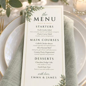 Custom Wedding Dinner Menu, Greenery Reception Menu Card, Eucalyptus Place Setting Menu, Printable 4x9 Digital File image 1